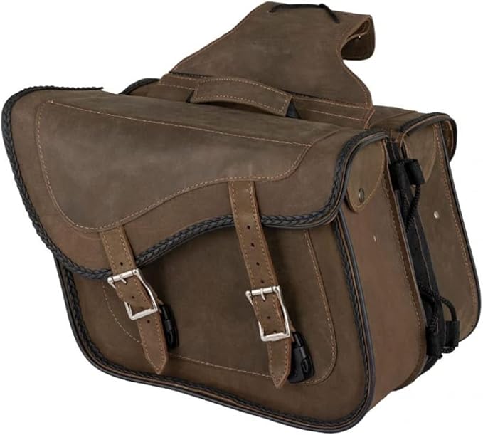 GARGOYLE BELLS Motorcycle Saddle Bags Genuine Leather Motorcycle Luggage Bag For Softails Sportsters and Choppers (No Stud, Brown, 13”x13“x10”)