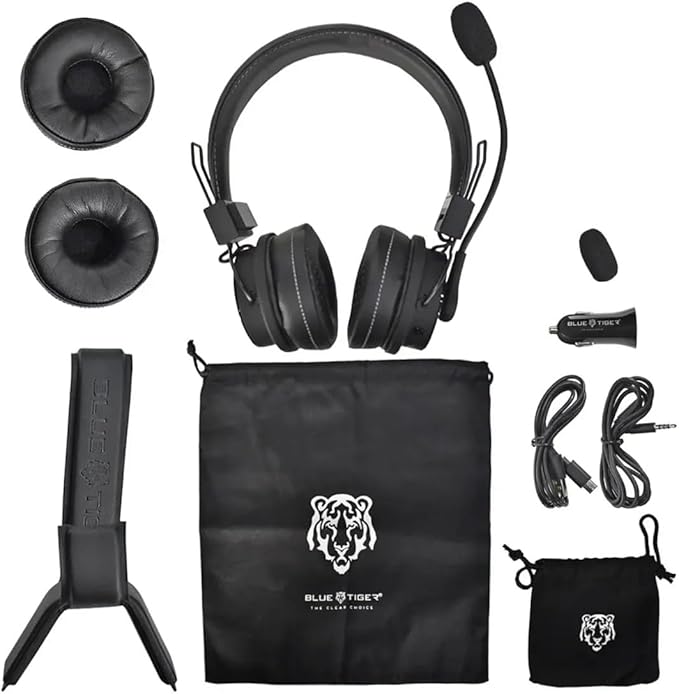 Blue Tiger Premium Elite Ultimate Single and Dual Ear 2-in-1 Bluetooth Headset – Professional Noise Cancellation Head Set with Microphone – USB-C Fast Charge & Long Battery Life