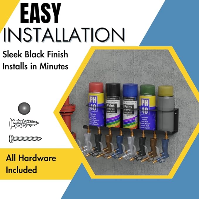 Koova Wall Mount Air Tool Holder with 5 Aerosol Can Storage - Durable Metal Construction - Made in USA - Includes Hardware for Garage & Workshop Organization