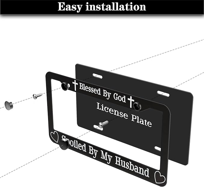 License Plate Frames Black and White Front License Plate Bracket Blessed by God Spoiled by My Husband Aluminum Metal Car Accessory 2 Pack with Screw Covers Set