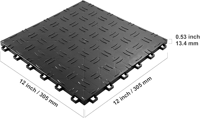 VEVOR Garage Tiles Interlocking, 12 x 12 x 0.53 inch 25 Pack Garage Floor Covering Tiles, Non-Slip Double-Sided Texture Garage Flooring Tiles, for Garages, Basements, Repair Shops, Black