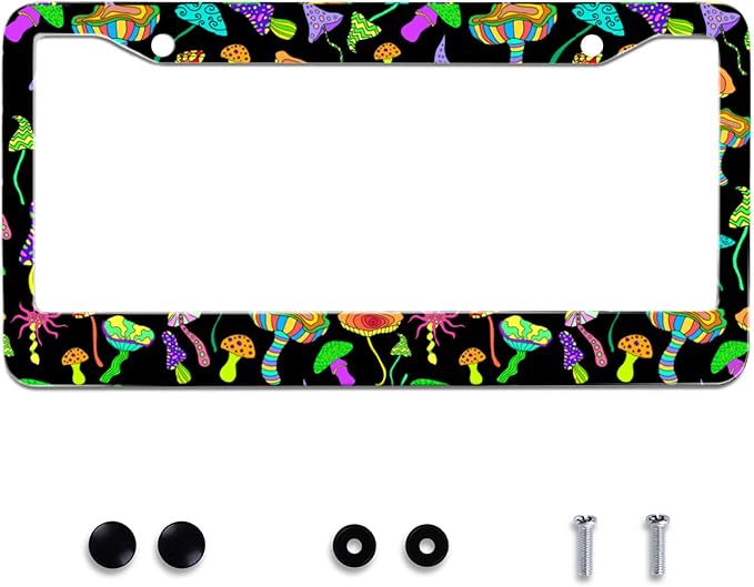 Personalise Colorful Mushrooms License Plate Frames Funny License Plate Frame Car Universal Stainless Steel Accessories Cars Decor with 2 Holes and Screws Fits Standard US Vehicles Size 12.2 x 6 Inch