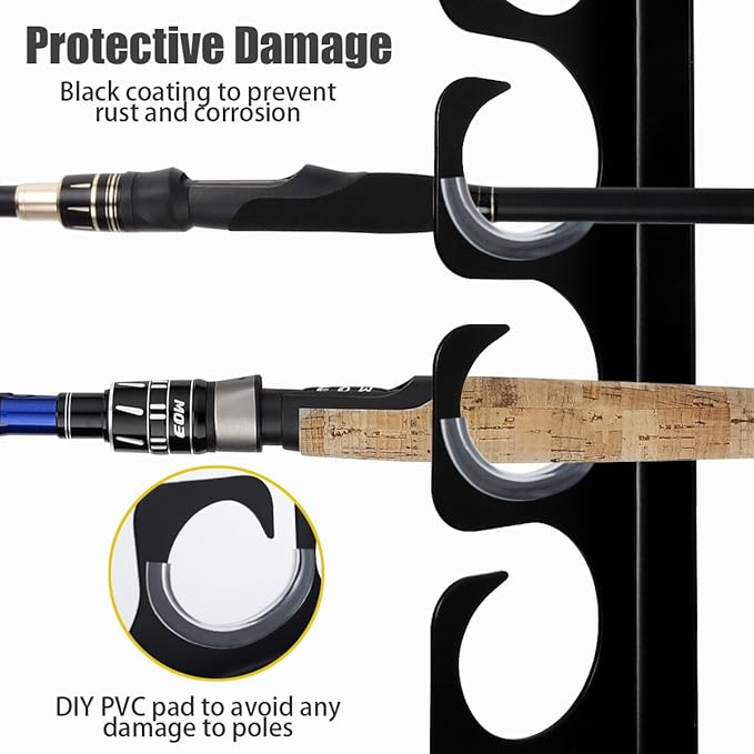 Wall Mounted Fishing Rod Rack Holder Ceiling Storage Hook Hanger Display Metal Horizontal Rack Oranizer Poles Steel Racks Holds up to 16 Rods with Soft Protective Pad for Garage Cabin and Basement