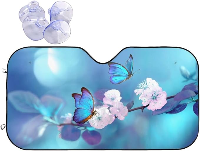 Blue Butterfly Flower Car Windshield Sunshade Front Window Sun Visor Protector Foldable Shield Cover for Truck SUV