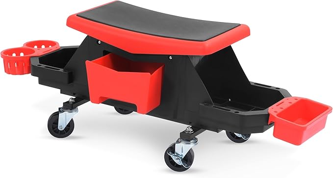 YITAHOME Detailing Stool with Wheels, Mechanics Seat With 2 Removable Trays and Drawer, Heavy Duty Rolling Garage Stool 330 LBS Capacity, Rolling Tool Seat for Automotive Auto Repair Car Wash Upgraded