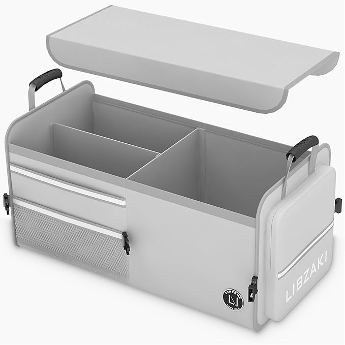 LIBZAKI Car Trunk Storage Organizer, Multi Compartment Collapsible Trunk Storage Box for Car Truck SUV-Gray