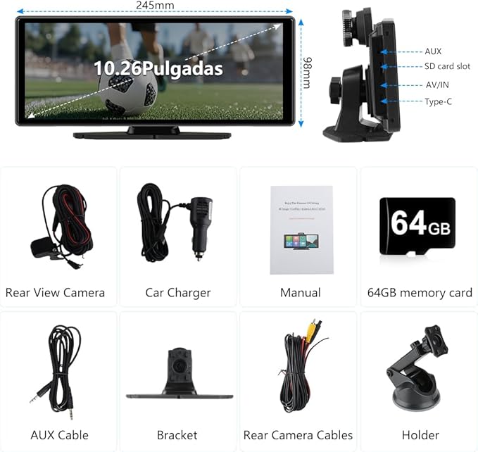 Portable Wireless CarPlay Screen for Car with 4K Dash Cam and 1080P Backup Camera, Car Stereo with 10.26”IPS Touch Screen, Support Carplay/Android Auto/GPS/Bluetooth/Mirror Link/AirPlay