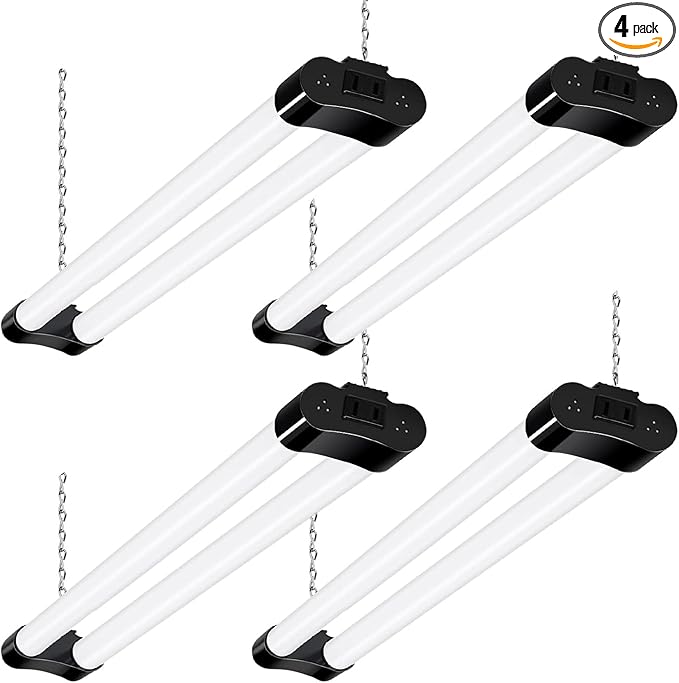 hykolity 4 Pack Linkable LED Shop Light for Garage, 2FT 22W Utility Light Fixture, 2500lm, 5000K Daylight LED Workbench Lighting with Power Cord, Hanging or Flush Mount, Black - ETL