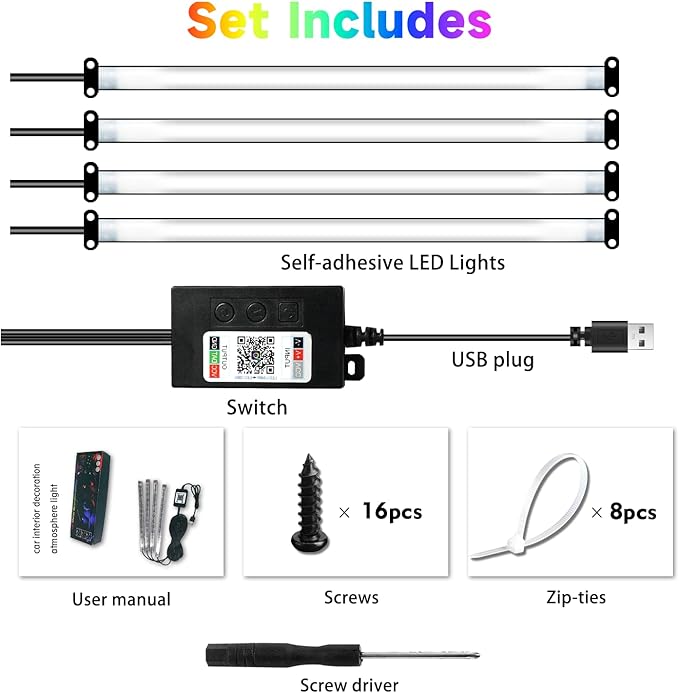 Car Led Interior Foot Well Light Strip Under Dash Bendable PVC Housing RGB 48LEDs Customizable 210 Modes Static Chase Gradient Strobe, Timer App Switch Control, USB 5V, No Remote