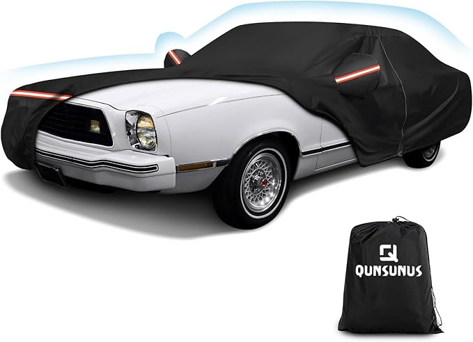 QUNSUNUS Waterproof Car Cover for Ford Mustang 1974-1978, Outdoor Car Covers with Zipper, All Weather Full Exterior Cover with Straps and Elastic Edges for Wind, Sun, UV and Dust Protection