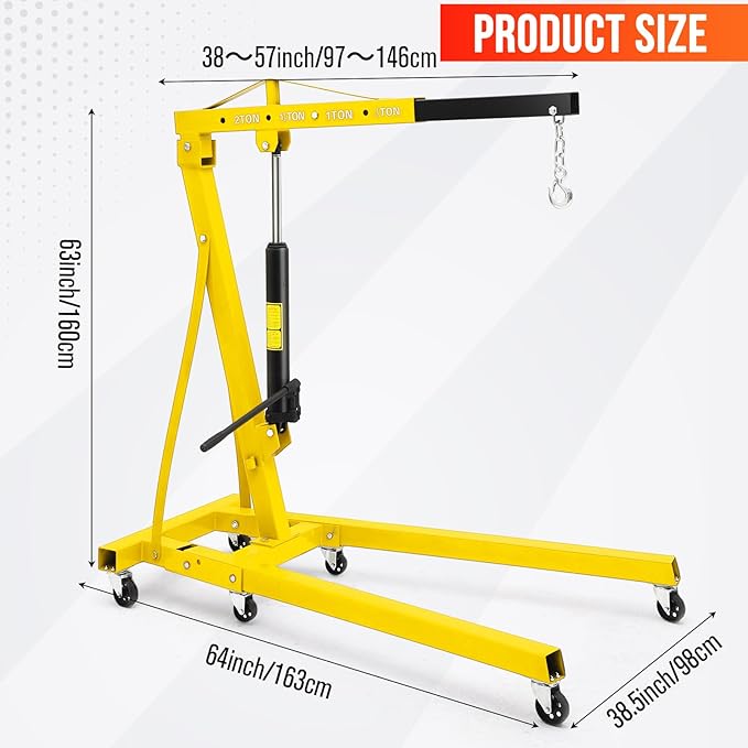 2 Ton Hydraulic Engine Hoist with Lever Stabilizer , Cherry Picker Engine Hoist, 4400LBS Heavy Duty Garage Crane with 6 Swivel Casters & Adjustable Telescopic Boom, for Auto Repair & Workshop (Yellow)