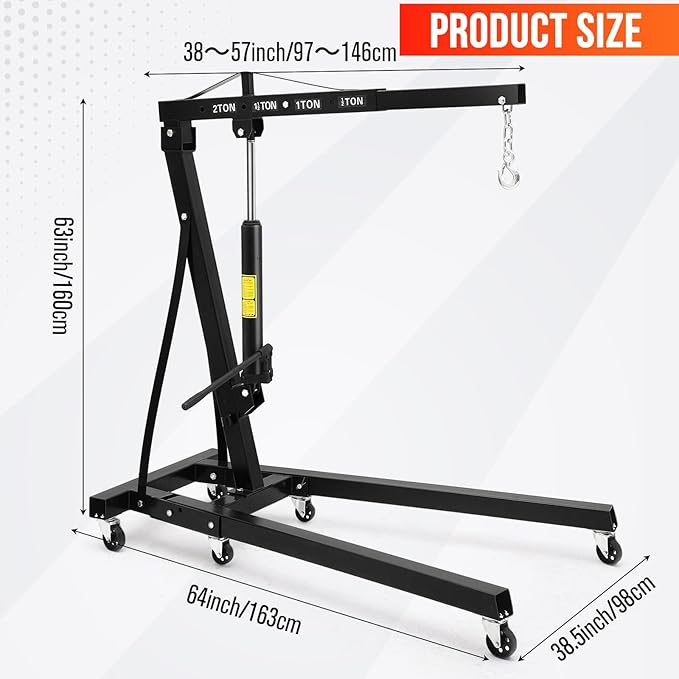 2 Ton Hydraulic Engine Hoist with Lever Stabilizer , Cherry Picker Engine Hoist, 4400LBS Heavy Duty Garage Crane with 6 Swivel Casters & Adjustable Telescopic Boom, for Auto Repair & Workshop (Black)