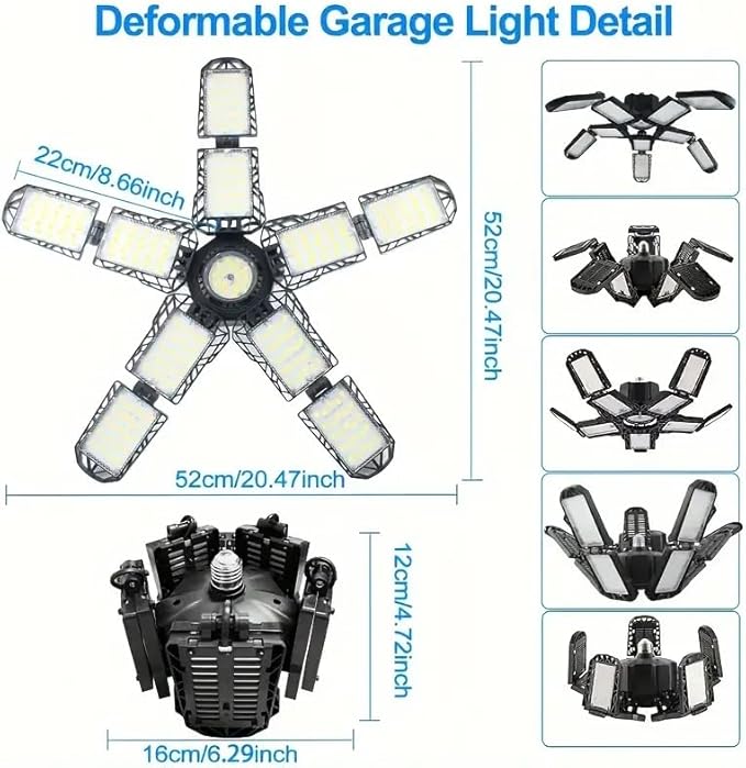 2 Packs LED Garage Light, Super Bright Screw in E26/E27 Ceiling Shop Work Lamp, 260W 26000 Lumen Deformable Basement Bulb Fixture with 10+1 Adjustable Panels, Lighting for Workshop, Attic