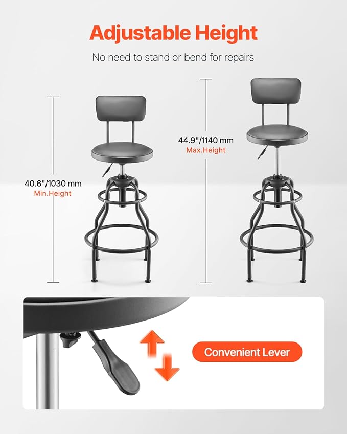 VEVOR Shop Stool with Backrest, Pneumatic Garage Seat/Work Stool with 300 lbs Capacity, Adjustable Height Roller Creeper Seat, 360° Swivel Padded Workshop Stool, for Garage, Shop & Auto Repair, Black