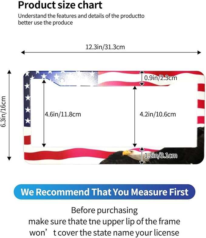 American Flag License Plate Frame American Flag License Plate Holder American Flag Eagle License Plate Frame Covers US Car Tag Frame Stainless Aluminum 2 Pack 2 Holes Decorative 2 Pcs Set for Men