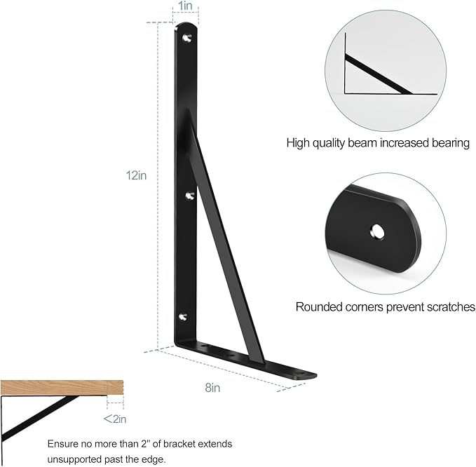 4 Pack L12 x H 8" Black Heavy Duty Shelf Brackets with Screws Metal Shelf Brackets Shelf Support Angle Brackets for Shelves L Brackets Heavy Duty Floating Shelf