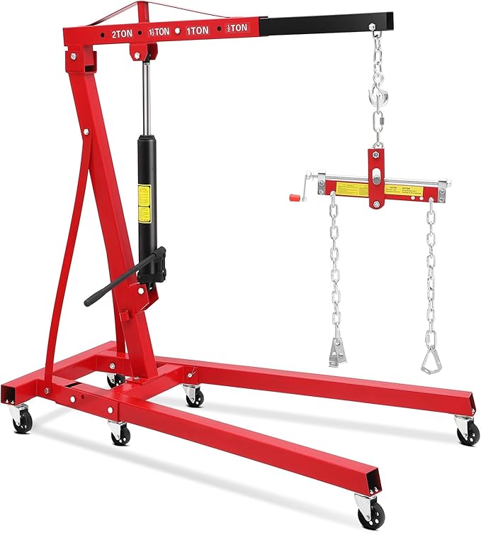 2 Ton Hydraulic Engine Hoist with Lever Stabilizer, Cherry Picker Engine Hoist, 4400LBS Heavy Duty Garage Crane with 6 Swivel Casters & Adjustable Telescopic Boom, for Auto Repair & Workshop (Red)