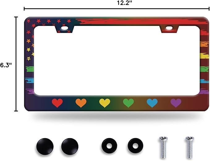 Rainbow Heart License Plate Frame Gay Pride LGBT License Plate Frames Stainless Steel Accessories Cars Decor with 2 Holes and Screws Fits Standard US CA Vehicles Size 12.2 x 6 Inches