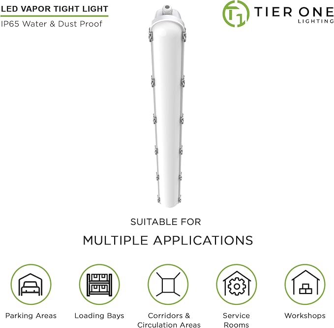 TIERONE 4ft LED Vapor Tight Light 50W Outdoor Shop Light IP65 Waterproof 0-10V Dimmable Integrated LED White Strip Lighting Fixture for Warehouses Car Washes 5000K 100-277V 6000LM ETL Listed 4 Pack