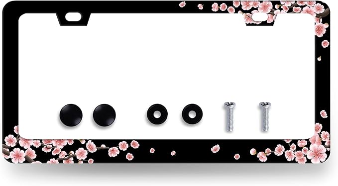 Beautiful Cherry Blossom License Plate Frame Pink Floral License Plate Holder Stainless Steel Colorful License Plate for USA Canada 6.3"X12.3" with 2 Holes and Screws