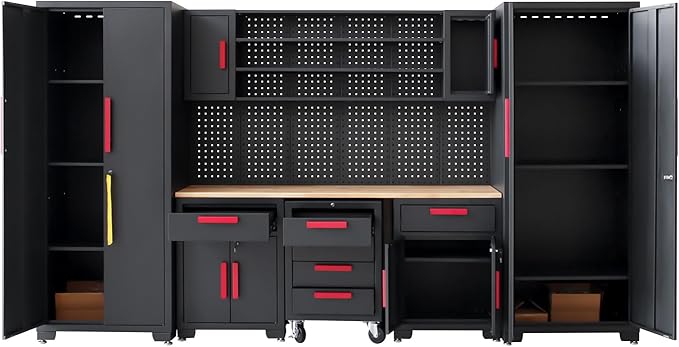 Garage Cabinet Storage System - 9-Piece Workshop Set w/Steel Cabinets & Workbench Includes Rolling Chest & Pegboard | Heavy-Duty Black & Red Tool Organization for Garage/Workshop