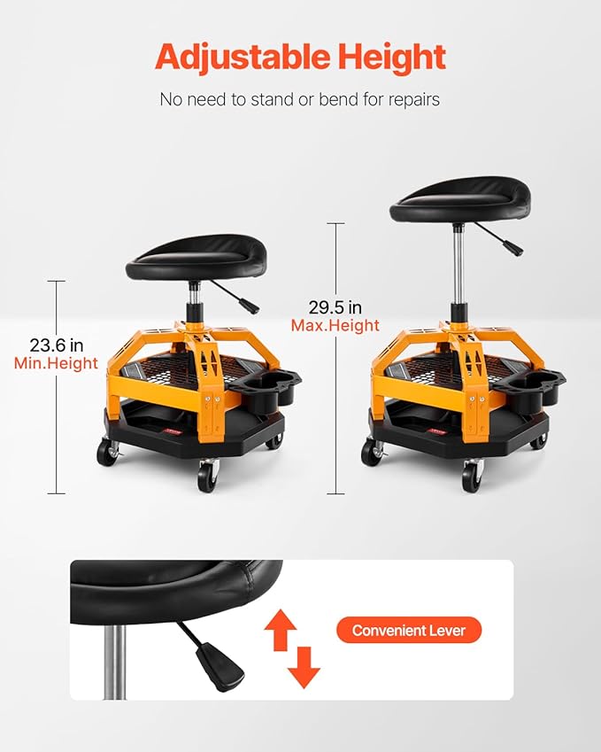 VEVOR Garage Stool, Rolling Mechanic Stool with Dual Storage Trays, Pneumatic Height 23.6–29.5 in, Soft Waterproof Cushion, 360° Swivel Casters for Garage, Shop & Auto Repair