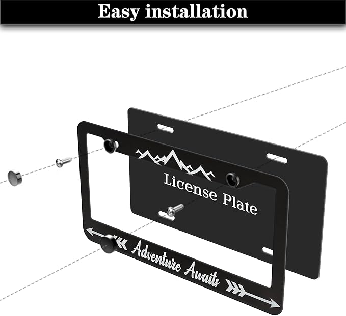 License Plate Frames Black and White Custom License Plate Frame Adventure Awaits Aluminum Metal Car Accessory 2 Pack with Screw Covers Set