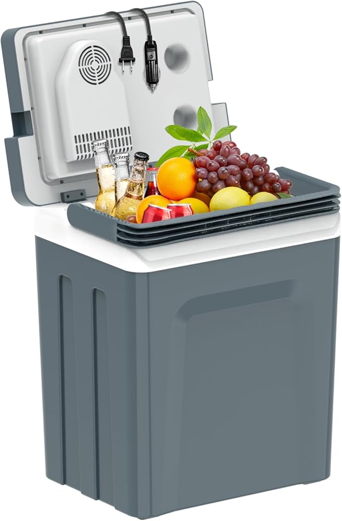SHAREWIN Electric Cooler & Warmer with Handle 26.5 Quart/25L Portable Thermoelectric Fridge for Vehicles & Trucks with 110V AC & 12V DV, 12V Car Cooler for Camping, Travel Grey