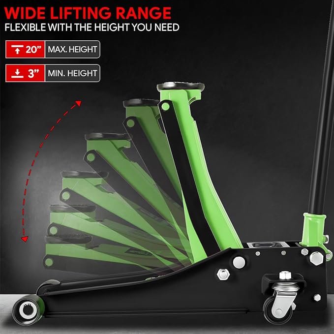 DNA MOTORING Low Profile Hydraulic Trolley Service/Floor Jack, 3 Ton (6000 lbs) Capacity Heavy Duty Hydraulic Car Jack, Lifting Range 3"-20", Green, TOOLS-00475-GR