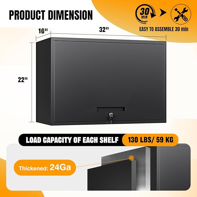 Metal Wall Storage Cabinet Adjustable Shelf 22'' Tall Steel Garage Wall Mounted Cabinet Lockable Floating Garage Storage Shop Trailer Tool Assembly Required