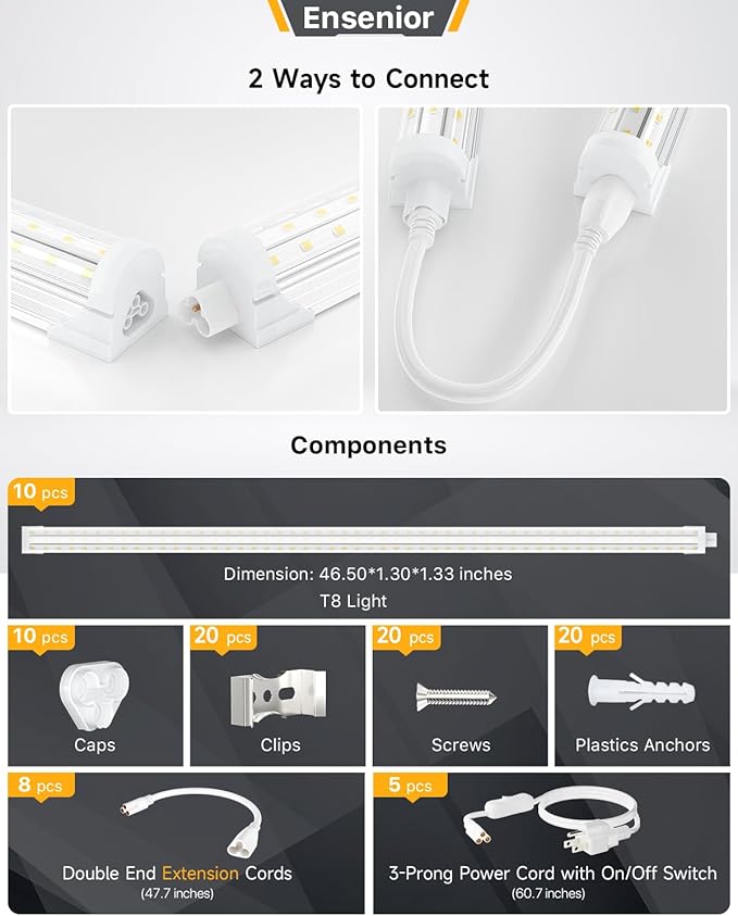 Ensenior 10 Pack 4 FT Led Shop Lights, 5000K Daylight, 5000LM Super Bright, 36W Equivalency 468W, Commercial Bay Lighting, U-Shaped Linkable Shop Lights Plug in for Garage, Workshop, FCC Certified
