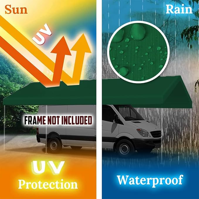 10'x20' Upgraded Carport Replacement Top Canopy Cover for Car Garage Shelter Tent Party Tent with Ball Bungees Green (Only Top Cover, Frame is not Included)