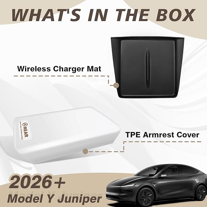 Muslogy Compatible with 2026+ Model Y Juniper Refresh Accessories Armrest Cover Protection TPE (White) & Silicone Mat OEM Style 2PCS Set Non-Slip Waterproof