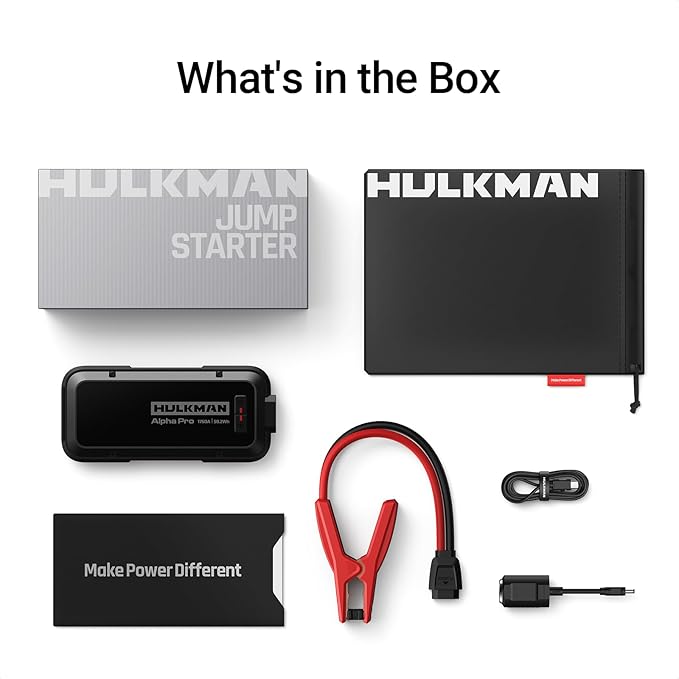 Hulkman Alpha Pro Solid Black, 1750A 59.2Wh Car Jump Starter Portable, High-Capacity Battery Booster & Jumper Cables, 3.3" Display Jump Box, PD65W in&Out, 12V Battery Pack for 8.0L Gas/5.0L Diesel
