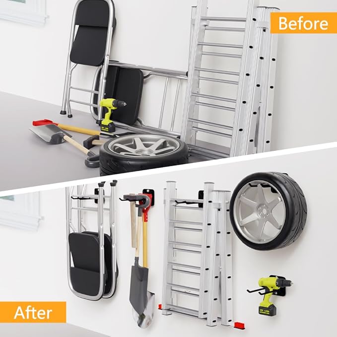 2PCS Heavy Duty Steel Hooks, Garage Hanger Storage Tool Organizer Rack, Wall Mount Utility Hooks to Hang Chairs, Ladders, Tires, Shovels, Strollers and More