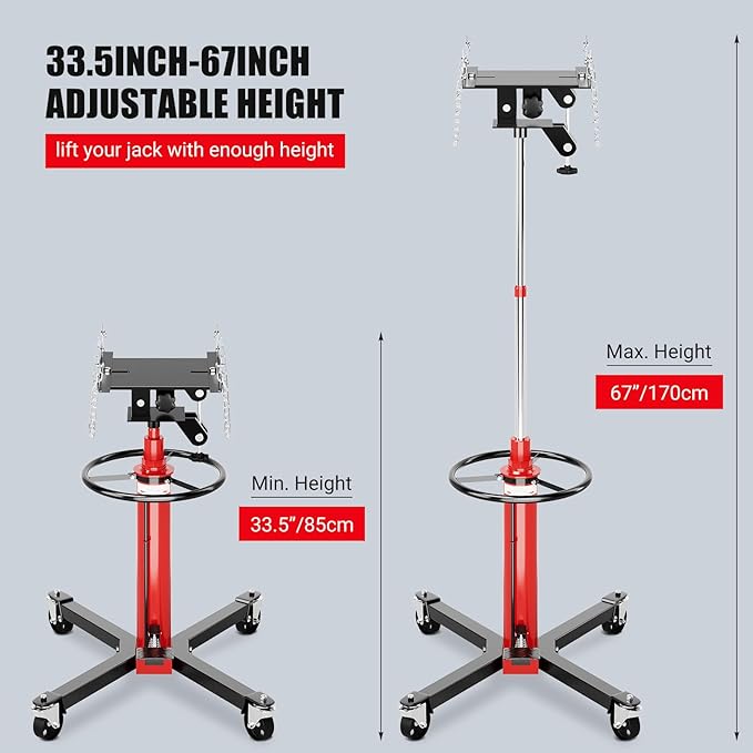 Transmission Jack, 1100lbs Hydraulic Telescoping Transmission Jacks, 33.5"-67" High Lift, 2-Stage Transmission Jack Stand 1/2 Ton Capacity with Foot Pedal, 360° Swivel Wheel