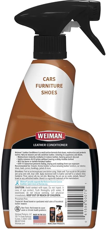 Weiman Leather Cleaner and Conditioner for Furniture - Cleans Conditions and Restores Leather Surfaces - UV Protectants Help Prevent Cracking or Fading of Leather Car Seats, Shoes, Purses