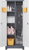 GREATMEET 65" Garage Storage Cabinet, Broom Closet Storage Cabinet, Metal Cabinets with Doors and Shelves, Utility Closet for Brooms and Mops, Utility Cabinets for Storage, Grey&White