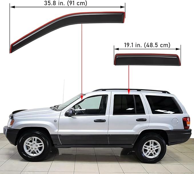 Lightronic Extra Durable Clip-on in-Channel Auto Vent Window Visor, Fits 1999-2004 Jeep Grand Cherokee, UV Protection Rain Guard, Original Wind Deflector, No-Drill Easy Install, Dark Smoke, 4-Pcs