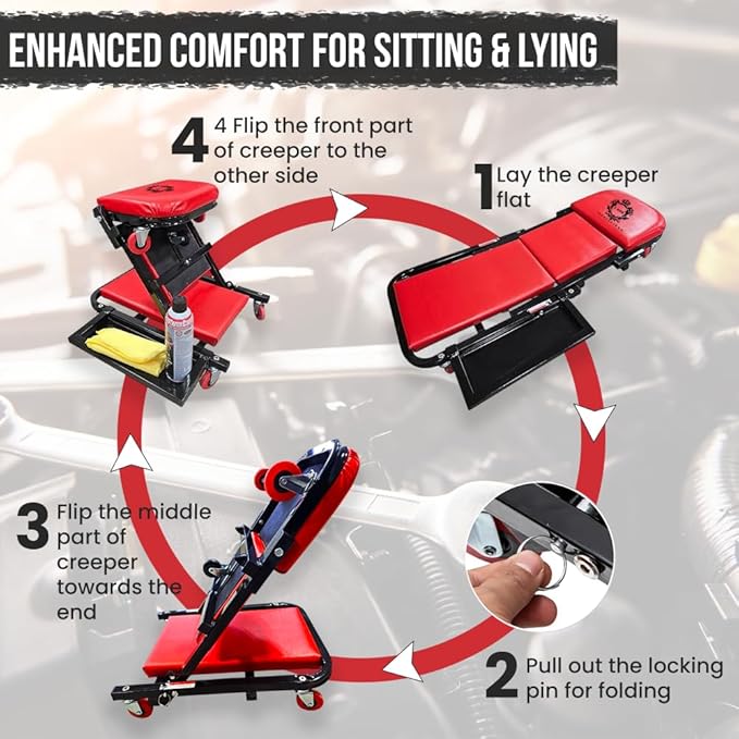 40" Mechanics Creeper Z fold with Side Tool Tray, 3 in 1 Low Profile,7pc-2.5" (360°) Swivel castors, Heavy Duty 450lb Laying Capacity 300lbs Seated, Home and Garage,