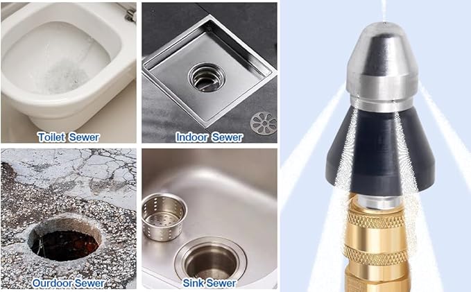 Pressure Washer Sewer Jetter Nozzle with Stainless Steel, Durable Design Sewer Jet Nozzle,Pressure Drain Jetter Hose Nozzle,3/8'' Quickly Connector, 5000 PSI Orifice 6.5