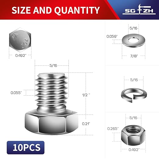 5/16-18 x 1/2" Hex Head Screw Bolt, Nuts, Flat & Lock Washers, 10Pcs 18-8 (304) Stainless Steel, Fully Threaded, by SG TZH