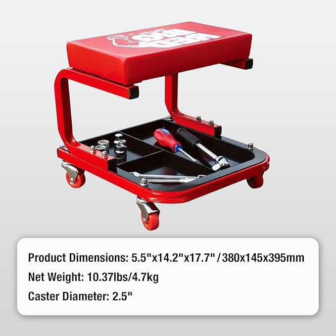 Big RED 250lb Red Rolling Automotive Creeper Garage/Shop Seat: Padded Mechanic Stool with Tool Large Tray Suitable for garages, Repair Shops