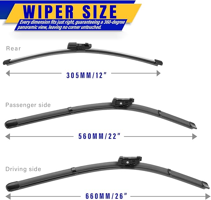 3 wipers Replacement for 2018-2022 2023 VW Volkswagen Atlas, Windshield Wiper Blades Original Equipment Replacement - 26"/22"/12" (Set of 3) Top Lock