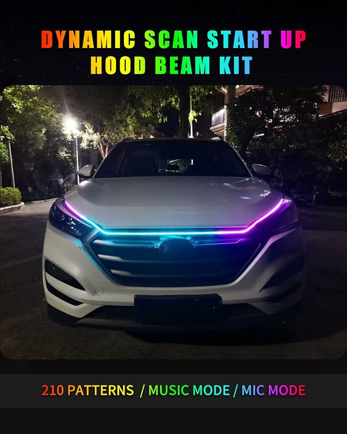 YM E-Bright Car Led Lights Exterior RGB Hood Light Strip Waterproof Multicolor Dynamic Scan Start Up Hoodbeam Kit DRL Daytime Running Lights for Cars,Truck,SUV,APP Control,12V 70inch