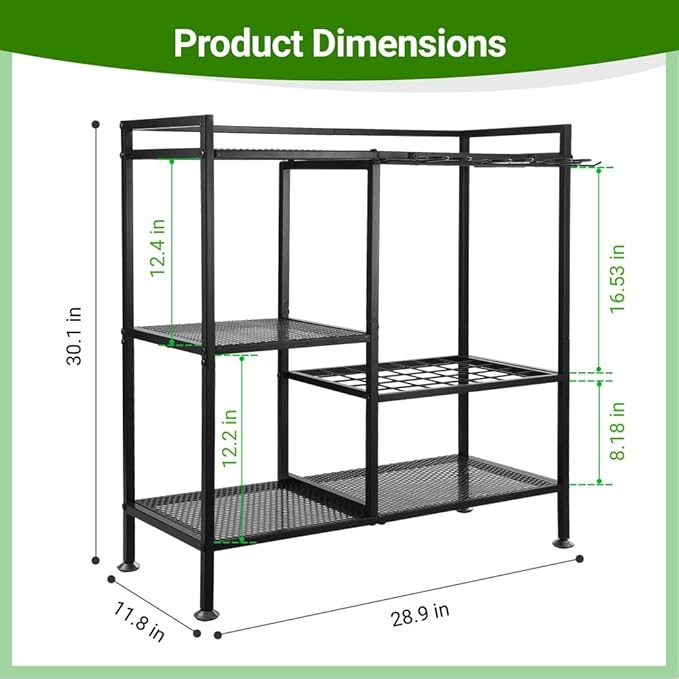 Garden Tool Organizer for Garage, 3 Tiers Garden Tool Holder with Large Tool Slots & Small Tool Hooks, Large Capacity Yard Tool Storage, Heavy Duty Metal Tower Rack for Lawn Garage Shed