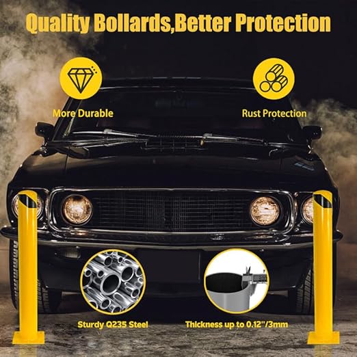 Bollard Post(42''*4.5''), Steel Bollards, Safety Bollard Yellow Powder Coated Parking Bollard Driveaway Barrier for Traffic-Sensitive Area, Garage or Parking Lot(42''-2pcs)