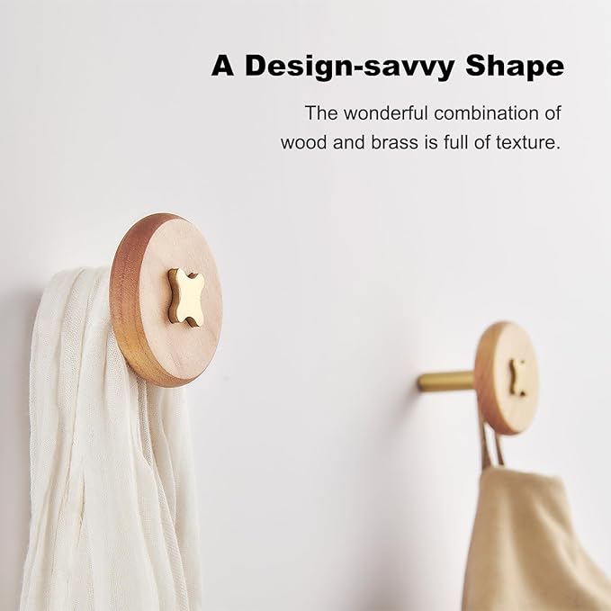 Solid Brass & Maple/Mahogany Wall Hooks 2 Pack - Decorative Heavy Duty Coat Hooks with Vintage Cross Screw Design for Entryway, Bathroom, Luxury Spaces TC008F