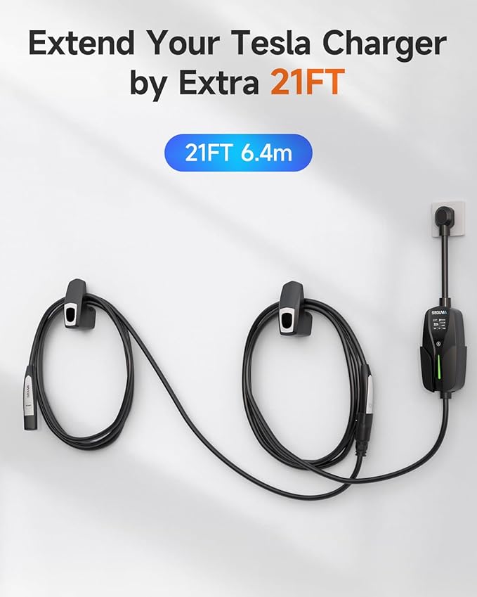 EV Charger Extension Cable for Tesla Charger (40Amp 21ft 240V 9.6kW), EV Extension Cord for Level 1 Level 2 Tesla Home Mobile Charger/Wall Connector, NACS Extension Cord for Tesla Y/X/3/S/Cyber-truck