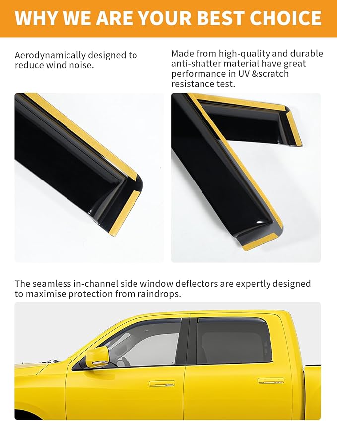 in-Channel Window Rain Guards Fit for Truck Dodge RAM 2009-2018 Crew Cab Mega Cab Extra Durable Window Deflectors Vent Visors Shades Car Accessories Visors Rain Guards